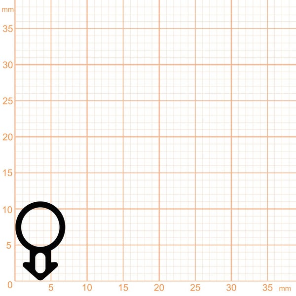 Symbol für einen Wasserablauf, dargestellt als Kreis mit einem nach unten zeigenden Pfeil auf einem Millimeterraster.