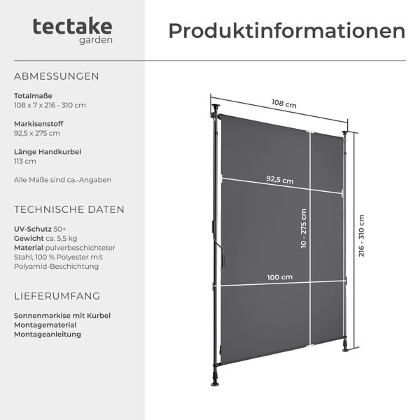 Klemmmarkise tectake Taija leichtgängige Handkurbel verschiedene Größen dunkelgrau