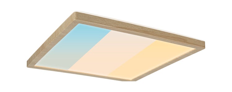 Quadratische LED Deckenleuchte mit Holzrahmen und flacher Lichtflaeche mit einstellbarer Farbtemperatur