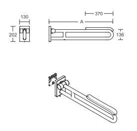 Technische Zeichnung eines Stützklappgriffs mit Maßangaben in Millimeter: Höhe 202, Breite 130, Länge circa 370 und 136.