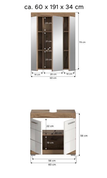 Maßzeichnung für ein Badezimmer-Set aus Spiegelschrank und Waschbeckenunterschrank mit Maßangaben in Zentimetern.