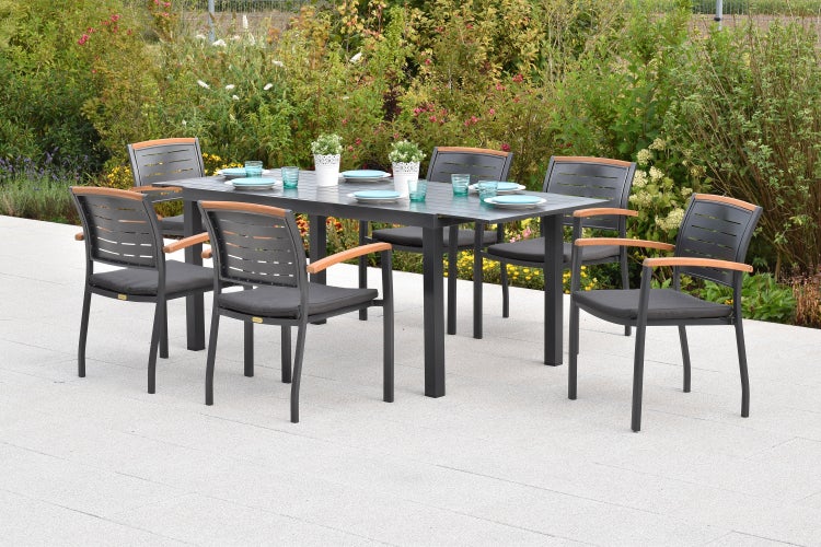 Tinos Gartenmöbel Set 13tlg., 6 Stapelsessel, 6 Sitzkissen grau, Ausziehtisch 150 (200) x 90 cm