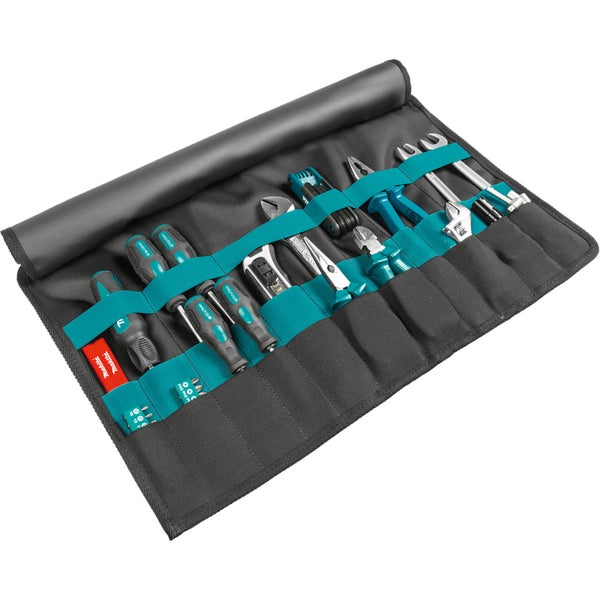Makita Werkzeugset in schwarzer Rolltasche mit Schraubendrehern, Zangen, Gabelschlüsseln, Bits und Wasserwaage.