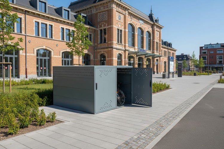 Fahrradbox mit geöffneter Tür auf einem öffentlichen Platz vor einem Gebäude