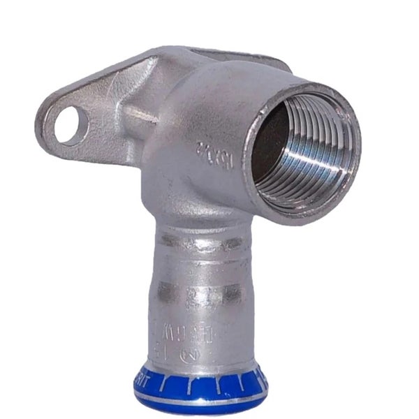 Wandwinkel aus Metall mit Innengewinde und Pressanschluss für die Trinkwasserinstallation.