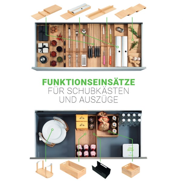 Funktionseinsätze aus Holz für Küchenschubkästen und Auszüge zur organisierten Aufbewahrung von Küchenutensilien und Lebensmitteln.