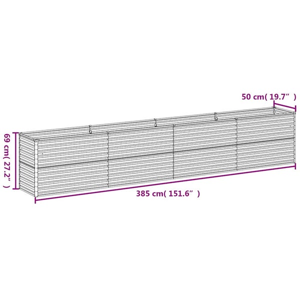 Hochbeet aus Metall mit Maßen: Länge 385 Zentimeter, Höhe 69 Zentimeter, Breite 50 Zentimeter.