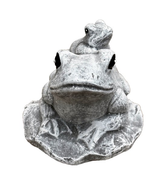 Gartenfigur Frosch mit kleinem Frosch auf dem Rücken, in Steinoptik.