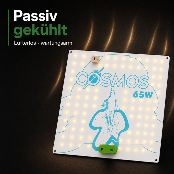 Passiv gekühlte Cosmos 65 Watt LED Pflanzenlampe ohne Lüfter für einen wartungsarmen Betrieb.