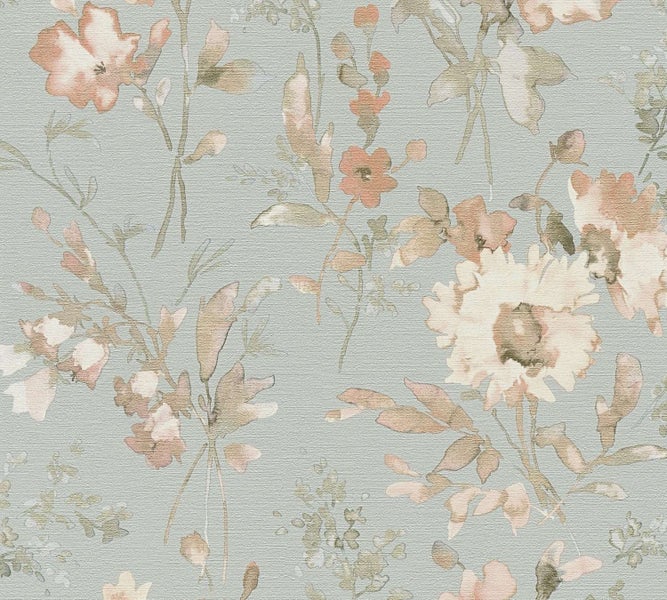 Tapete mit floralem Blumenmuster im Aquarellstil für eine dekorative Wandgestaltung.