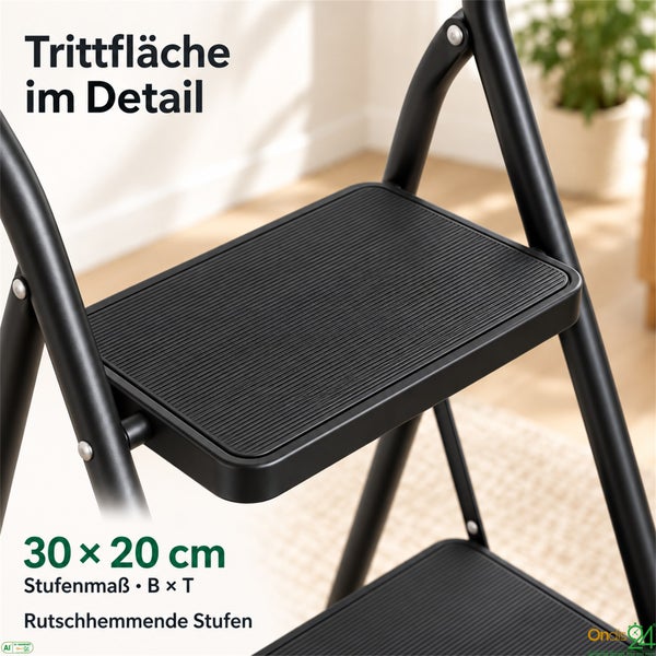 Detailansicht der Trittfläche einer Haushaltsleiter mit rutschfester Oberfläche und Maßen von 30 mal 20 Zentimetern.