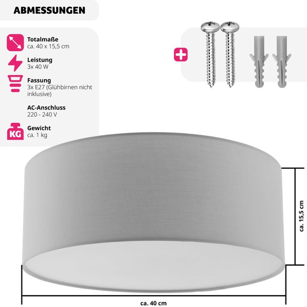 Graue Deckenleuchte mit Befestigungsmaterial und Maßangaben