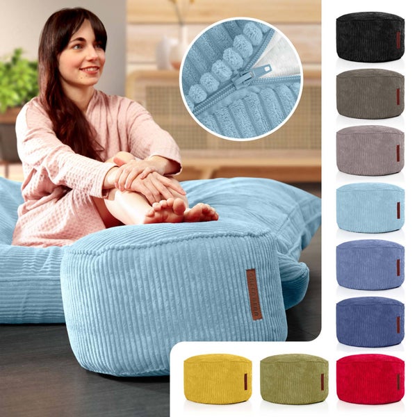 Green Bean Pouf-Kissen 45x25cm mit EPS-Perlen Füllung & Cordstoff Bodenkissen Liegekissen Sitzkissen Sitzhocker Sessel Kinder Erwachsene Stoff Hocker Ablage Hellblau