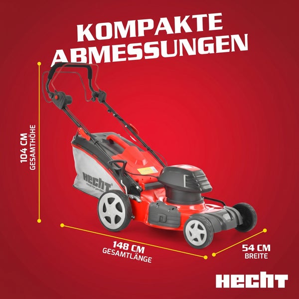 Hecht Rasenmäher mit kompakten Abmessungen: Gesamthöhe 104 Zentimeter, Gesamtlänge 148 Zentimeter und Breite 54 Zentimeter. Hecht Logo.