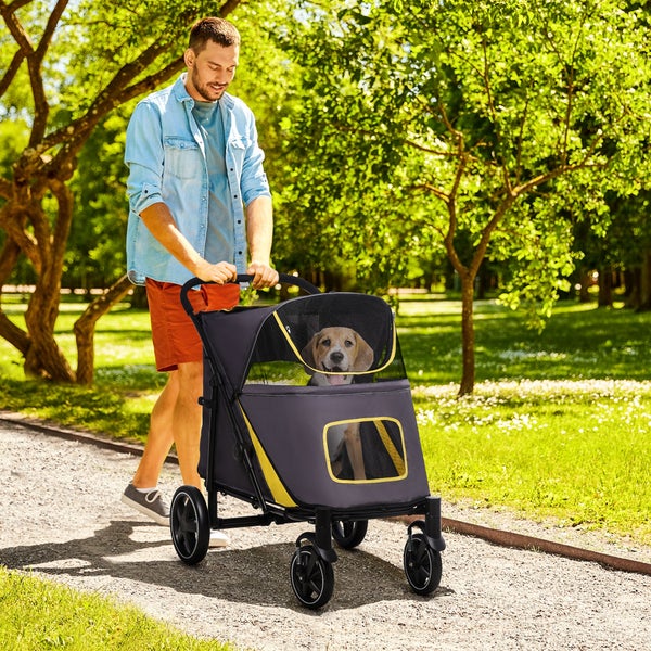 PawHut Hundewagen, Hundebuggy mit Kissen, faltbarer Hundetrolley, Katzenbuggy für große und mittelgroße Hunde, Hundetrolley mit Netzfenster, Sicherheitsleinen, Tasche, Oxfordstoff, Dunkelgrau