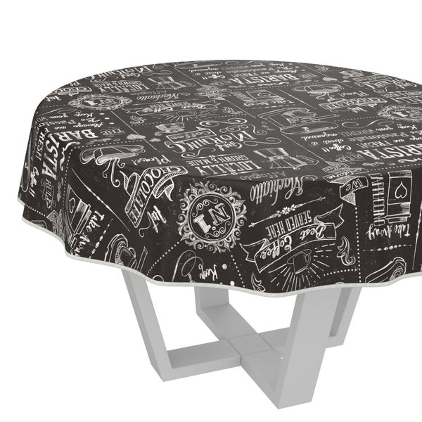 Runde Tischdecke mit Kaffeehaus-Motiv auf einem Tisch