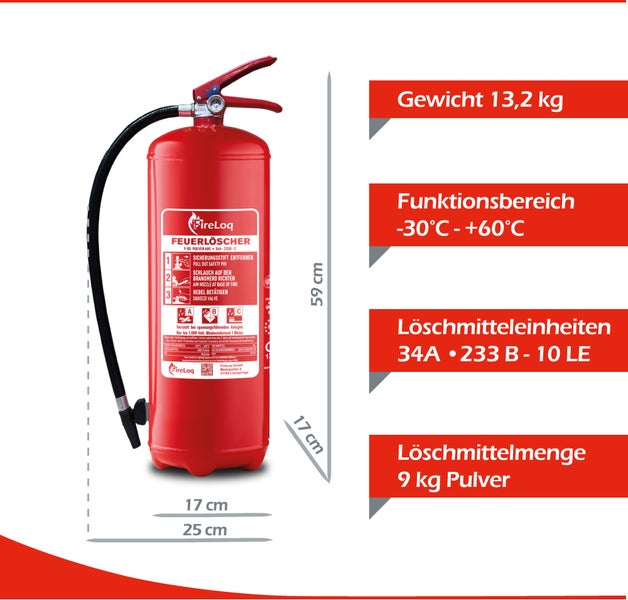 Feuerlöscher 9 Kilogramm Pulver mit Bedienungsanleitung, 59 Zentimeter hoch, Funktionsbereich minus 30 bis plus 60 Grad Celsius.