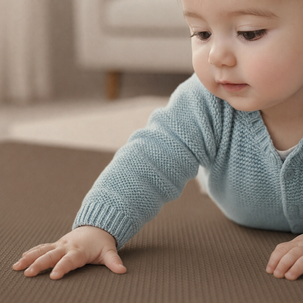 Ein Baby krabbelt auf einer strukturierten Bodenschutzmatte.