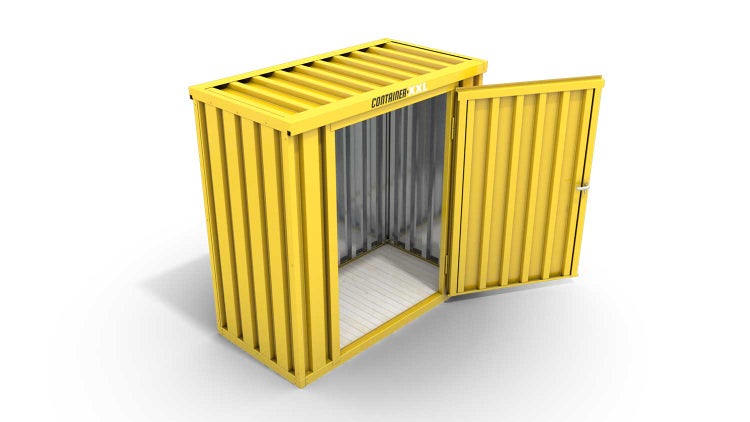 Lagercontainer Gerätehaus XS  – 2 qm, H2150 x B2100 x T1140 mm, Außenwandlackierung RAL 1003 signalgelb, Dach außen verzinkt, mit Holzfußboden, 1270 mm Einflügeltür mittig in Breitseite, montiert