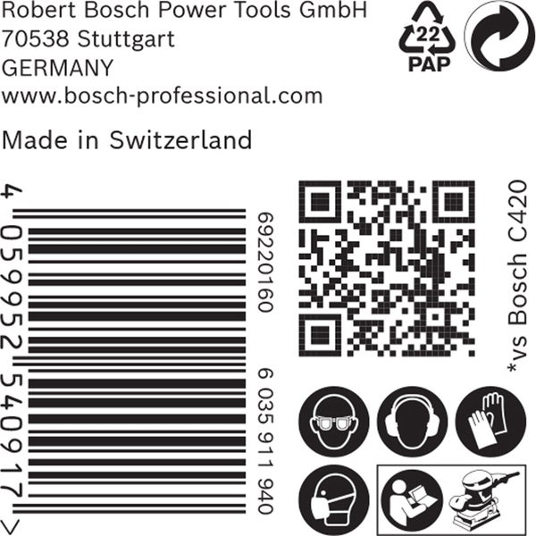 Robert Bosch Power Tools GmbH Logo mit Informationen zu Produktsicherheit und Recycling