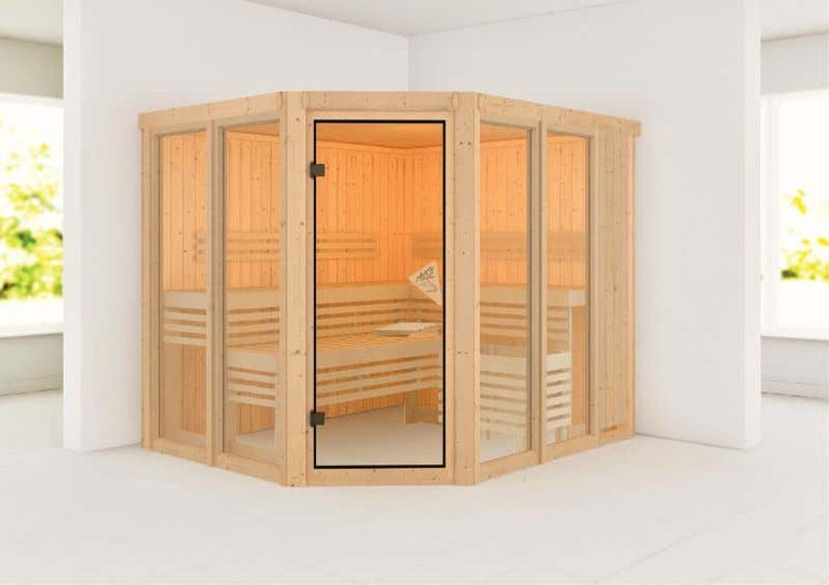 Karibu Innensauna Ainur 3 Innensauna 3 Sitzbänke aus Holz , Saunakabine mit 68 mm Wandstärke, Infrarotsauna mit Montagematerial
