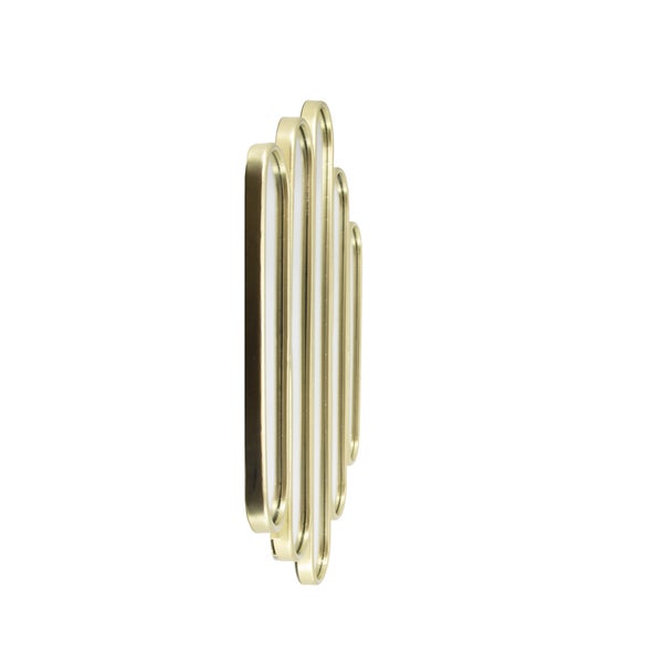 Seitenansicht eines Wandspiegels mit goldfarbenem Metallrahmen in modernem Design mit mehreren Elementen nebeneinander.
