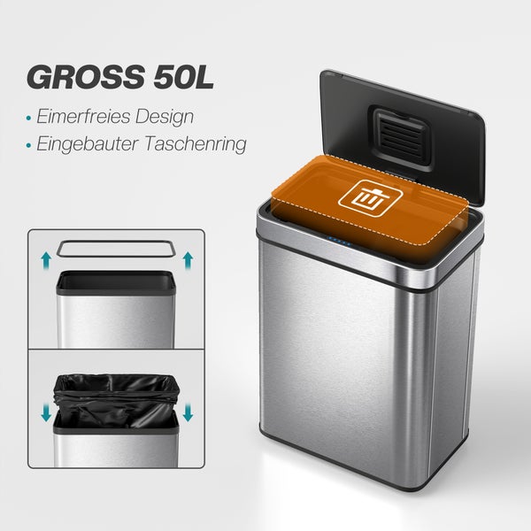 Sensor-Mülleimer aus Edelstahl mit 50 Liter Fassungsvermögen, eimerfreies Design und integrierter Haltering für Müllbeutel.