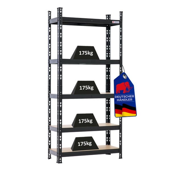 Schwarzes Schwerlastregal aus Metall mit fünf Holzböden, Traglast 175 Kilogramm pro Boden, Proregal Logo, deutscher Händler.