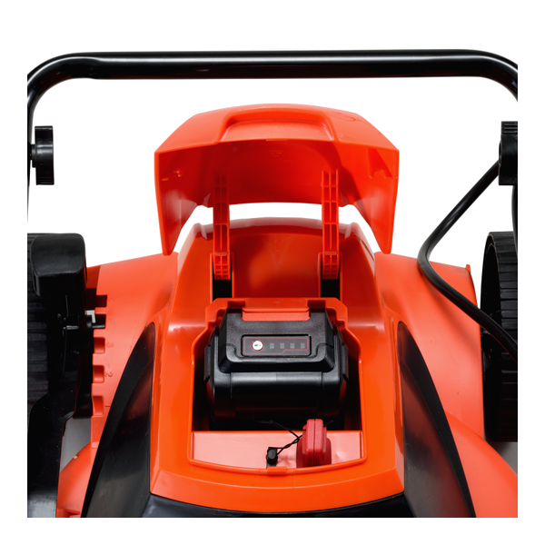 Aufsicht eines Rasenmähers mit eingesetztem Akku