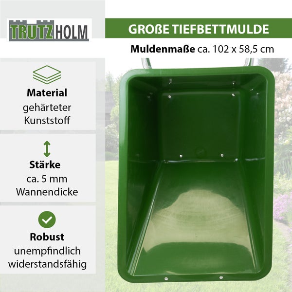 Große Schubkarrenwanne aus gehärtetem Kunststoff mit den Maßen circa 102 x 58,5 Zentimeter