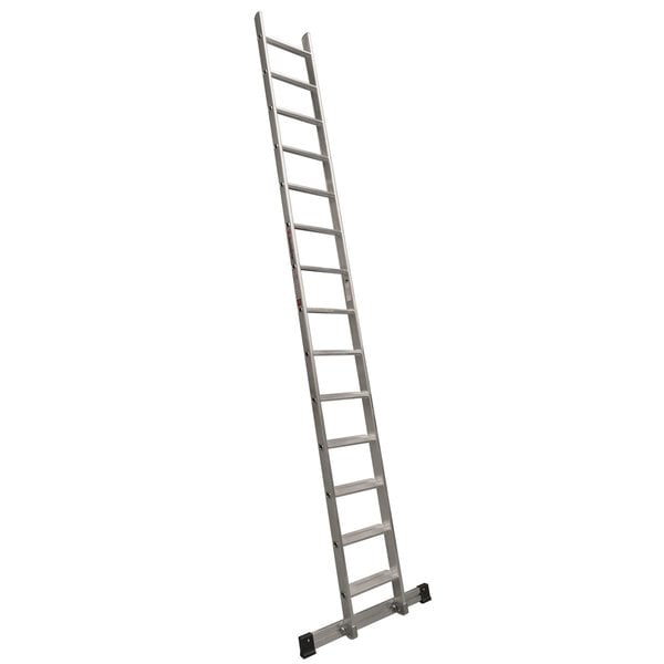 Eine einteilige Anlegeleiter aus Aluminium mit Quertraverse für einen sicheren Stand.