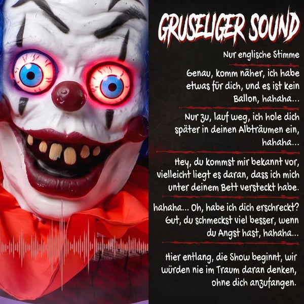 Animierte Gruselclown Dekoration mit Soundeffekten für Halloween Dekoration.