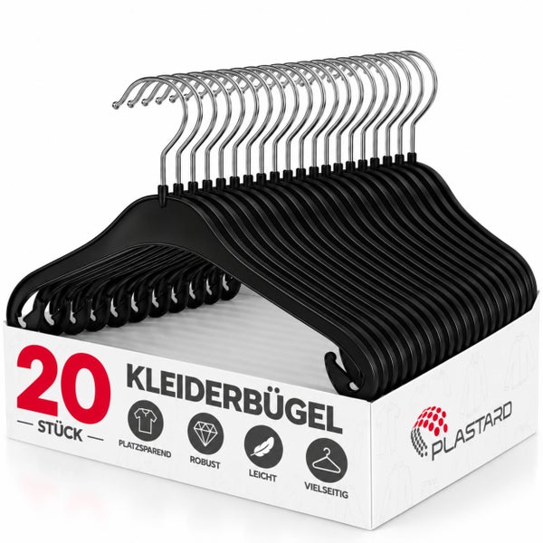 Set aus 20 Kunststoff Kleiderbügeln mit Metallhaken in einer Verkaufsverpackung
