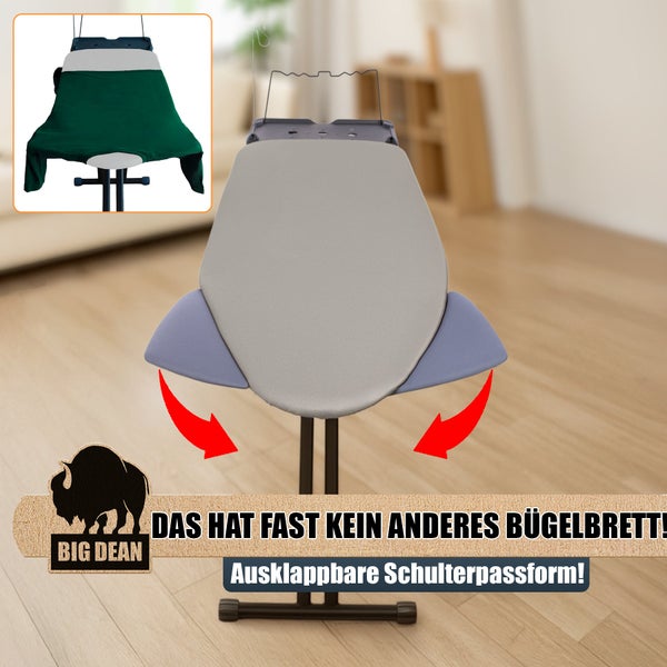 Bügelbrett mit ausklappbarer Schulterpassform und Ablage für ein Bügeleisen