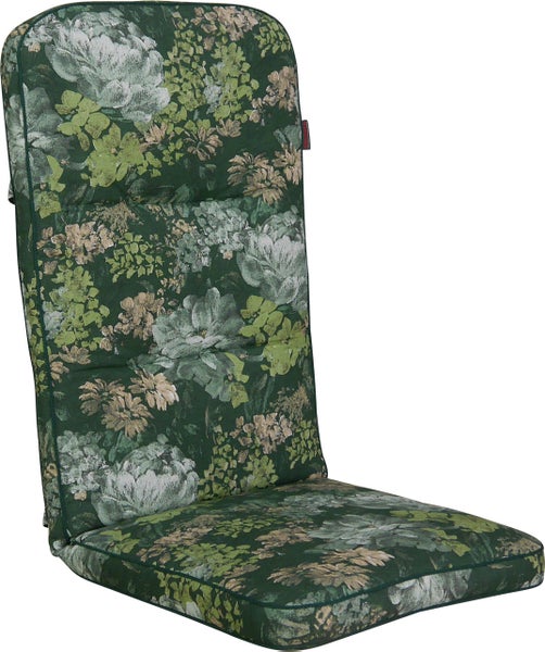 Hochlehner-Auflage für Gartenstühle mit grünem floralem Muster aus großen Blumen und Blättern.