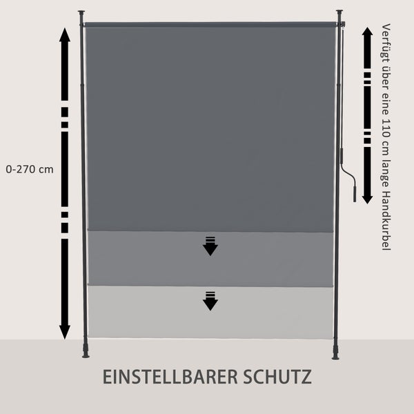 Outsunny Senkrechtmarkise,Vertikalmarkise mit Handkurbel, Wasserfest Sichtschutz, Einziehbares Sonnenschutz UV-beständig, Verstellbare Seitenmarkise, 200 x 215-305 cm für Balkon, Terrasse, Grau