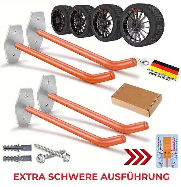 Vier Wandhalterungen für Autoreifen aus Metall, extra schwere Ausführung, inklusive Befestigungsmaterial und Profiltiefenmesser.