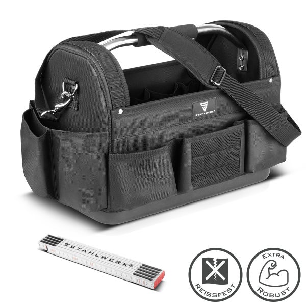 Detailansicht einer schwarzen Werkzeugtasche mit Nietverbindungen und Metallgriff