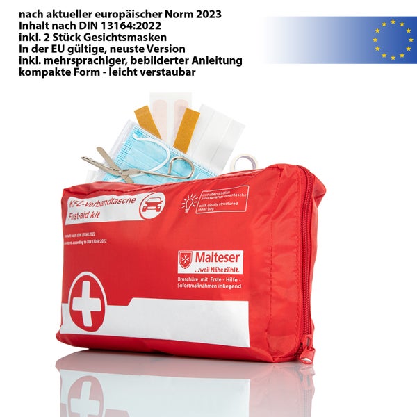 KFZ Verbandtasche gefüllt nach DIN 13164:2022 inklusive zwei Gesichtsmasken und mehrsprachiger, bebilderter Anleitung
