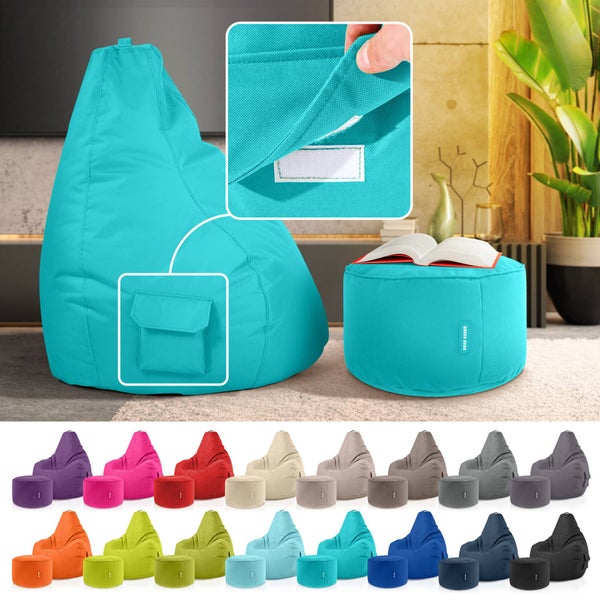 Green Bean 2er Set Sitzsack + Hocker - fertig befüllt - robust waschbar schmutzabweisend - Kinder & Erwachsene Bean Bag Bodenkissen Lounge Sitzhocker Relax-Sessel Gamer Gamingstuhl Pouf - Türkis