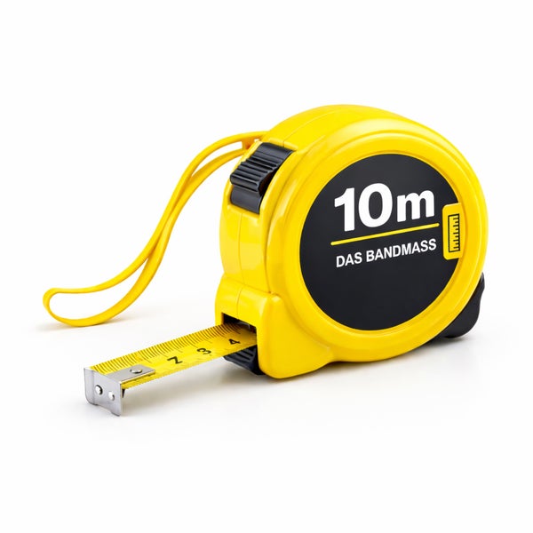 Gelbes Rollbandmaß mit einer Länge von 10 Meter, ausgestattet mit einer Handschlaufe und einem Feststellknopf.