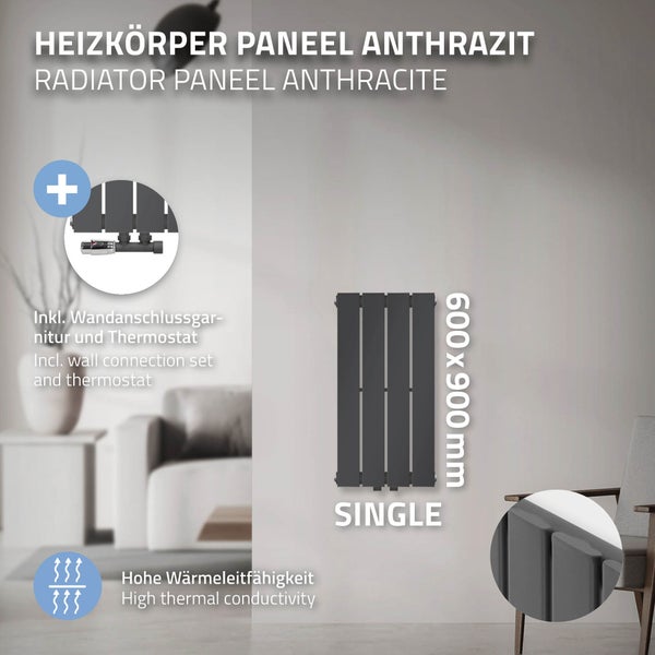 ML-Design Paneelheizkörper Einlagig 600x300 mm Anthrazit Mittelanschluss mit Wandanschlussgarnitur Eckform Multiblock Thermostat, Design Badheizkörper Vertikal Designheizkörper Flachheizkörper Heizung