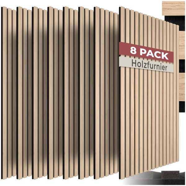 8er Pack Akustikpaneele Wandpaneele mit Holzfurnier-Lamellen auf dunklem Filz