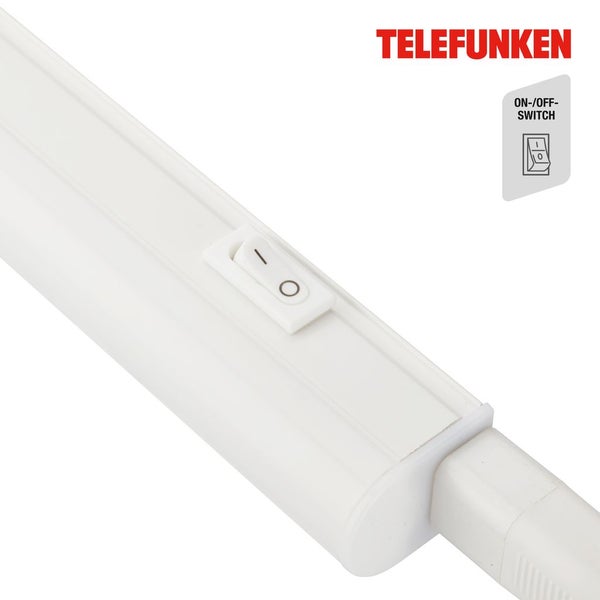 Nahaufnahme einer weißen Telefunken-Lampe mit Ein- und Ausschalter.