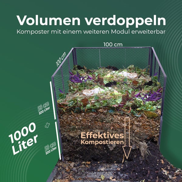 Erweiterbarer Metallkomposter mit zwei Modulen für insgesamt 1000 Liter Volumen, Maße 100 mal 100 mal 100 Zentimeter.