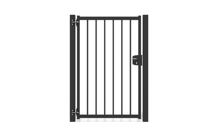 Gartentor ZAUNGURU BASIC-Linie Bremen aus Metall, Höhe: 163cm, Breite: 150cm, 1-flügelig inkl. Pfosten, Schloss und Zubehör, Feuerverzinkt und zusätzlich in RAL 7016 Anthrazitgrau pulverbeschichtet