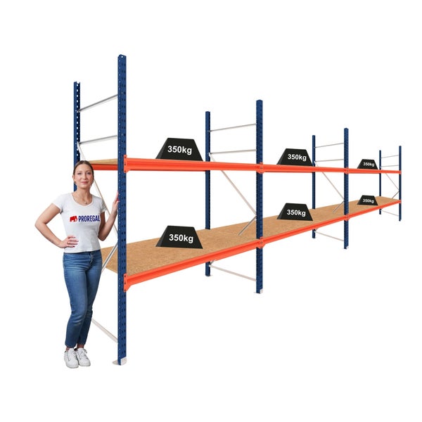 Weitspannregal aus Metall mit Holzplatten, zwei Ebenen und einer Traglast von 350 Kilogramm pro Boden.