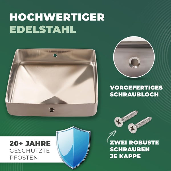 Quadratische Pfostenkappe aus Edelstahl mit vorgefertigten Schraublöchern und zwei passenden Schrauben zum Schutz von Zaunpfosten.