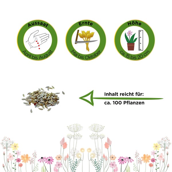 Aussaat von April bis August, Ernte von Mai bis Oktober, Wuchshöhe circa 15 bis 20 Zentimeter, Inhalt für circa 100 Pflanzen.