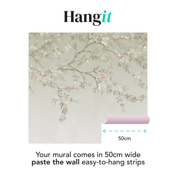 Hang it Logo und Fototapete mit floralem Muster aus Zweigen, geliefert in 50 Zentimeter breiten Bahnen für die Wandklebetechnik.